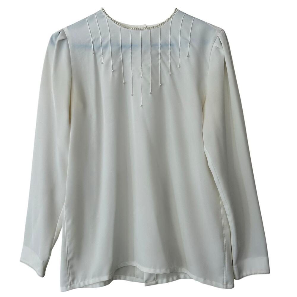 Vintage La Beaute Blouse Pearl Accents High Neck Semi Sheer Feminine Coquette S